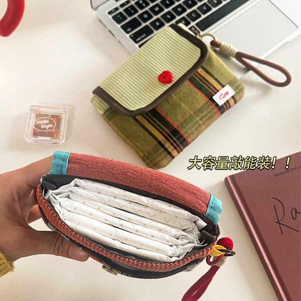 Large Capacity Mini Cosmetic Bag Corduroy Cotton Cloth Sanitary Napkin Storage Bag Small Item Bag Makeup Bag Grid Pattern Purse
