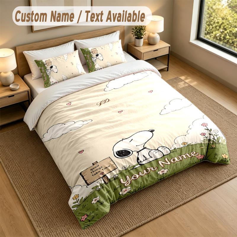 3Pcs Bedding Set Custom Name Text, 1 Sheet 2 Pillowcases Home Bed DecorSnoopy Peanuts