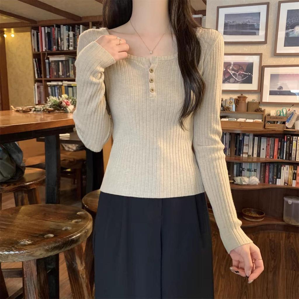 Женский трикотажный топ с длинным рукавом и низким вырезом в корейском стиле, осенне-зимний, стильный, облегающий, базовый слой, элегантная верхняя одежда