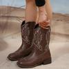 Fashion Large Size Embroidered Western Cowboy Boots Women's Autumn Winter V-notch Chunky Heel Short Boots Pure Color Totem