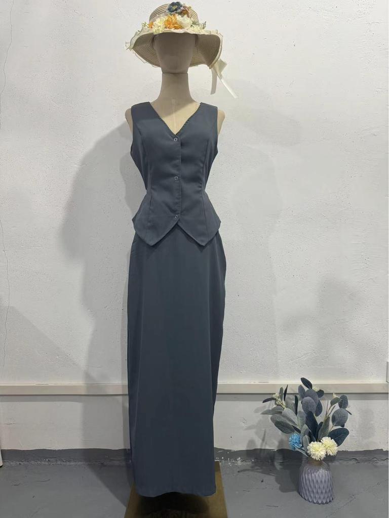 Летний костюм-двойка 2024 - Однотонный легкий комплект миди-платья без рукавов