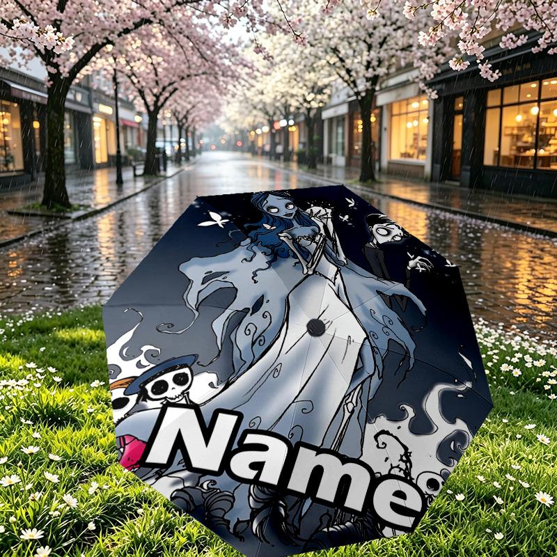 Custom Name Personalized Corpse Bride Print Umbrella, Auto Open Close, 8‑Rib Sturdy Frame, Commute Camping Hiking Use, Birthday Gift