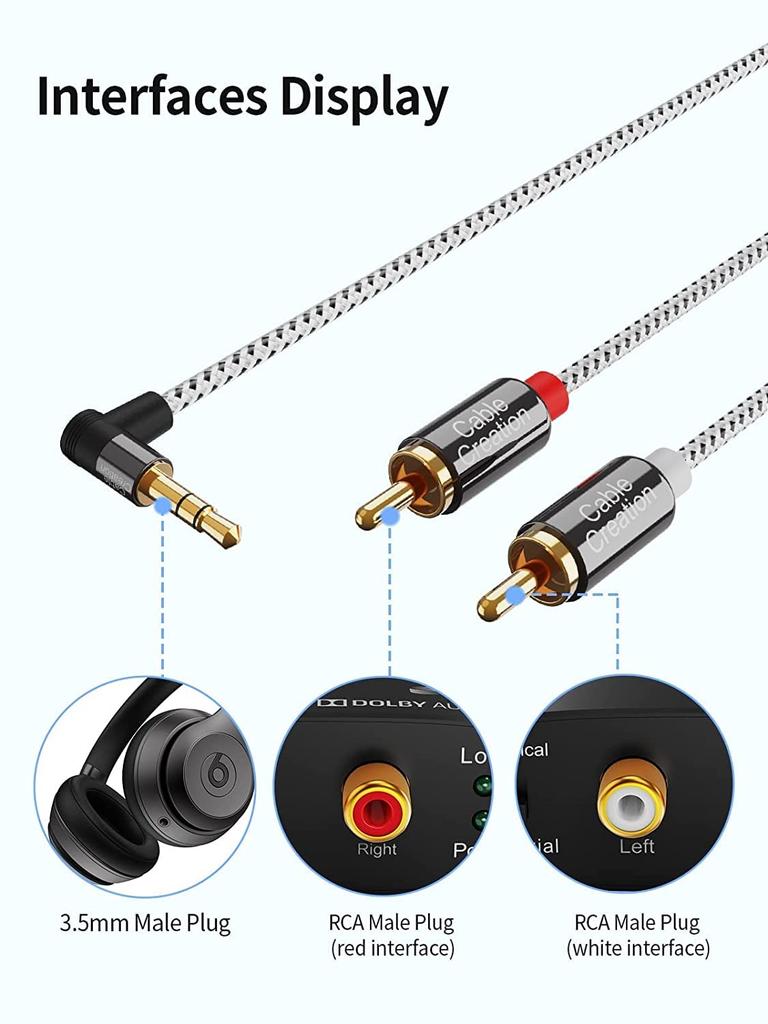 Кабель Cablecreation для преобразования стерео аудио в RCA, совместимый с Y-образным разветвителем 3,5 мм, смартфонами/MP3-плеерами/колонками/планшетами/домашним оборудованием