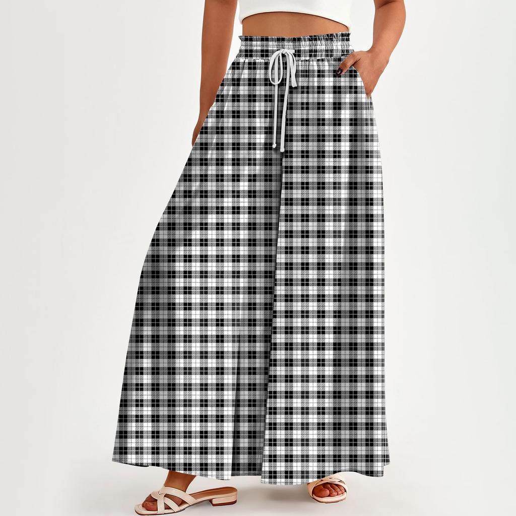 Женские брюки с высокой талией, широкие, повседневные, струящиеся брюки-палаццо, клетчатые брюки с карманом