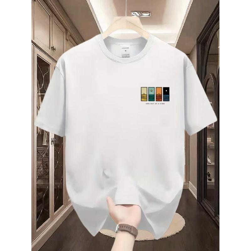 Unisex Minimal Chest Print Tee Sea Sunset Four Blocks One Day At A Time Cotton Short Sleeve Crew Neck Casual Summer Daily Basic Top