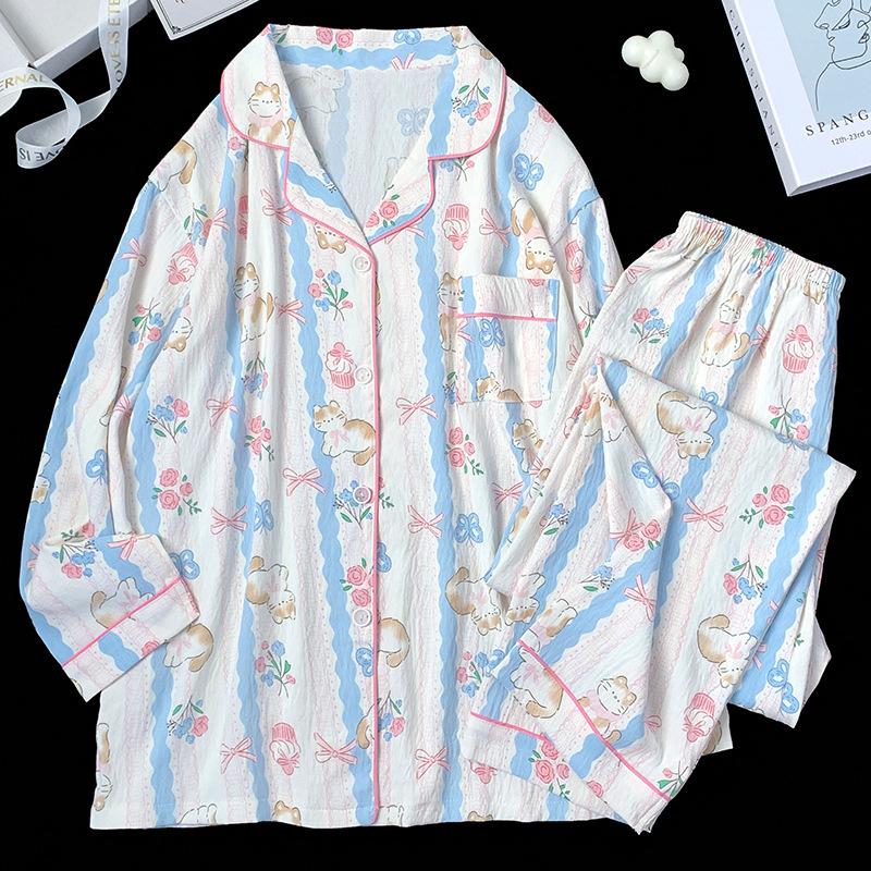 Spring and Autumn Women's Pajamas Homewear Set Girls Sweet Striped Clouds Cotton Homewear Students Cute Pajamas Homewear Set