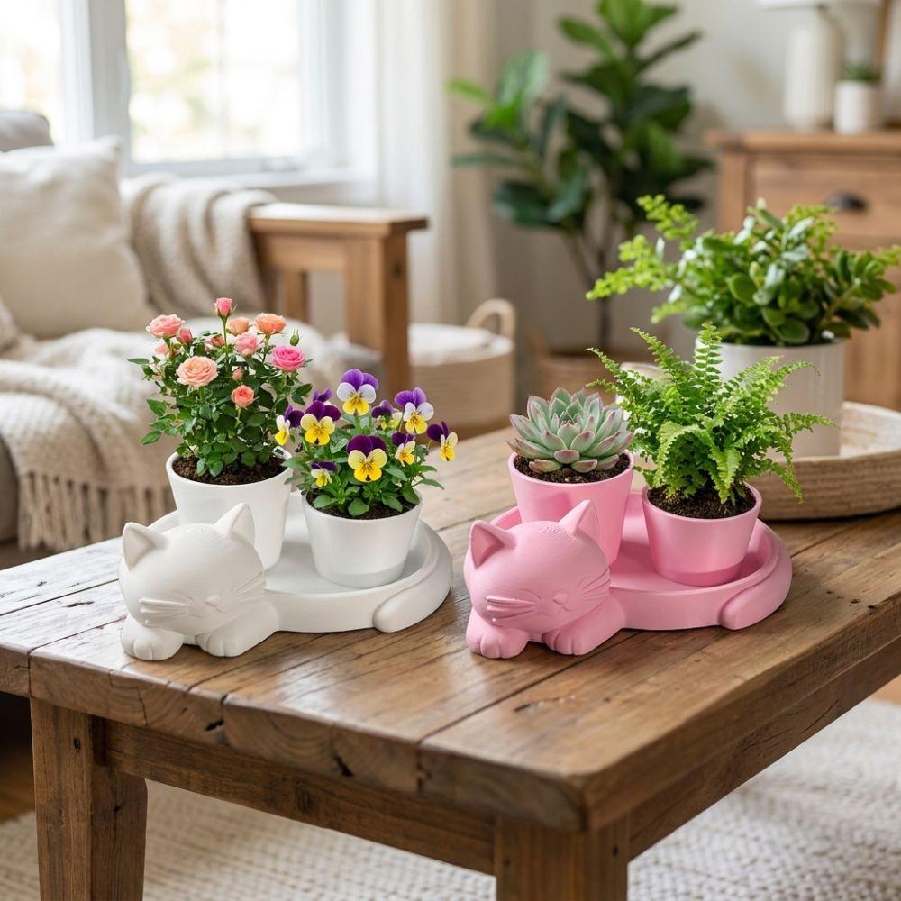 3D Printed Cat-Shaped Flower Pot Cute Animal Mini Potted Plant Jewelry Tray  Indoor/Outdoor Use