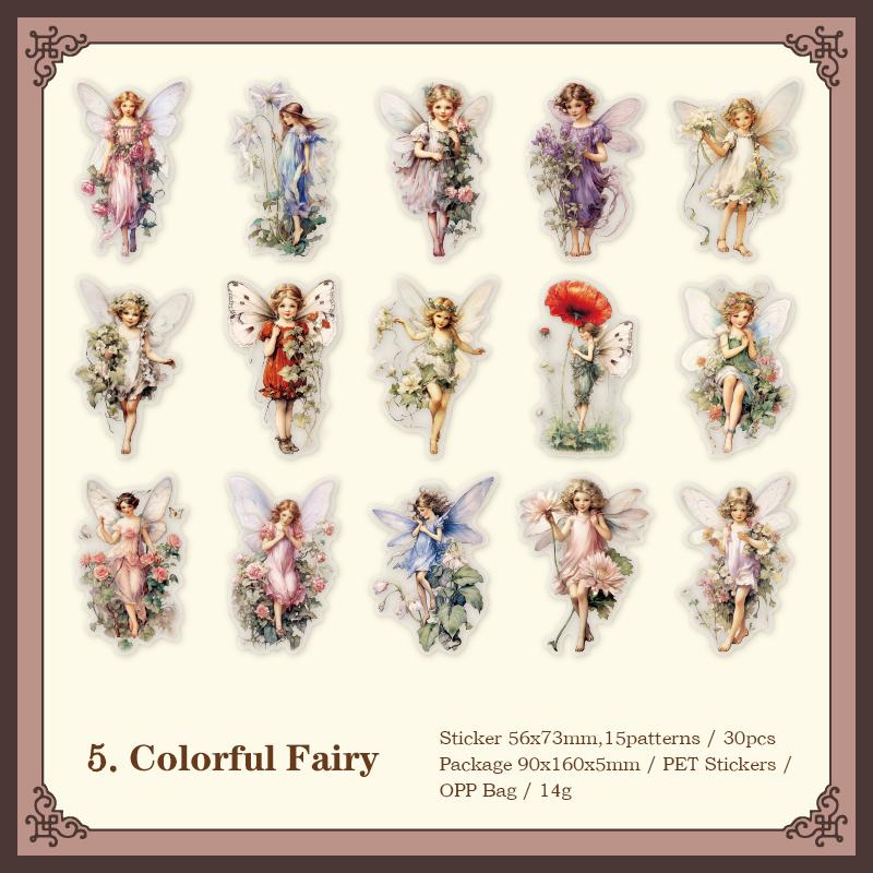 Yoofun 30pcs/lot Vintage Elf Flower Stickers Retro Style Aesthetic Spirit Sticky Labels Collage Junk Journal Scrapbooking diy
