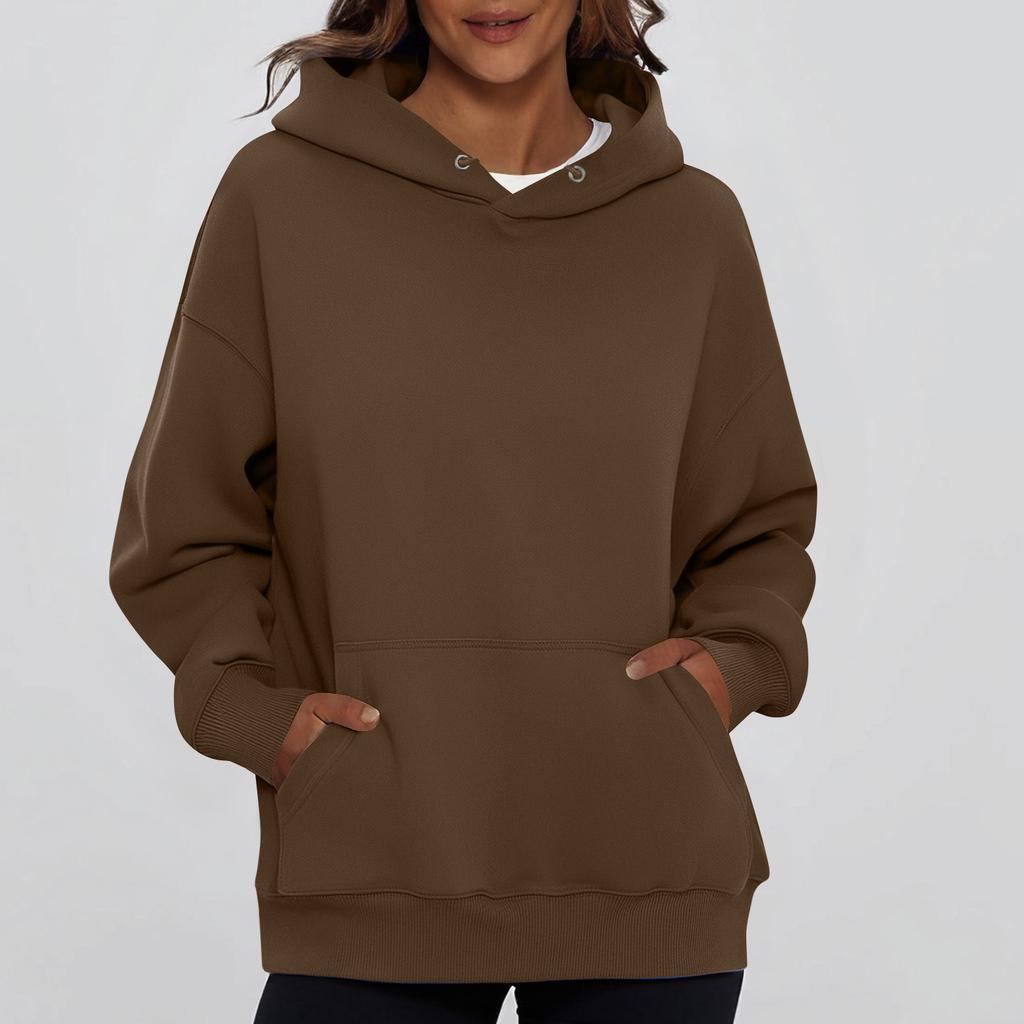 Ladies' Fashionable Solid Color Casual Hooded Pocket Long Sleeved Sweatshirt