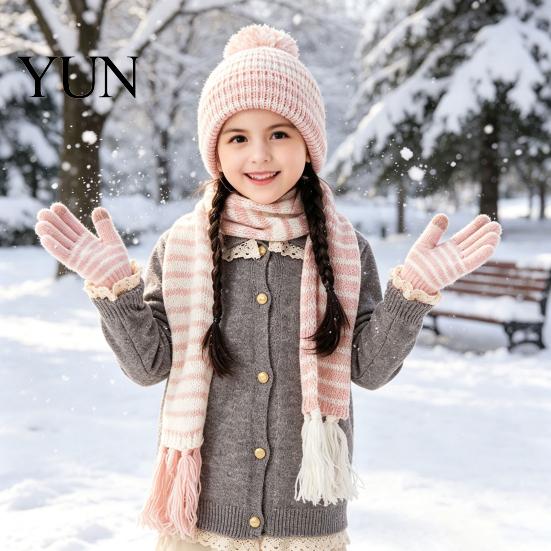 Children Elastic Ribbed Gloves 1 Set Winter Hat Scarf for Kids, Fleece Lined Striped Knit with Gift Little Kids Pom Pom, Cozy Toddlers Boys Girls Age