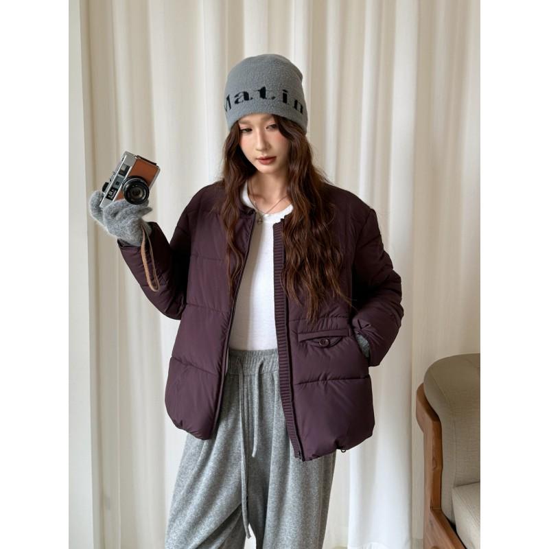 Womens Short Cotton Puffer Jacket 2026 Winter Loose Fit Round Neck Warm Coat Korean Style Casual Outerwear