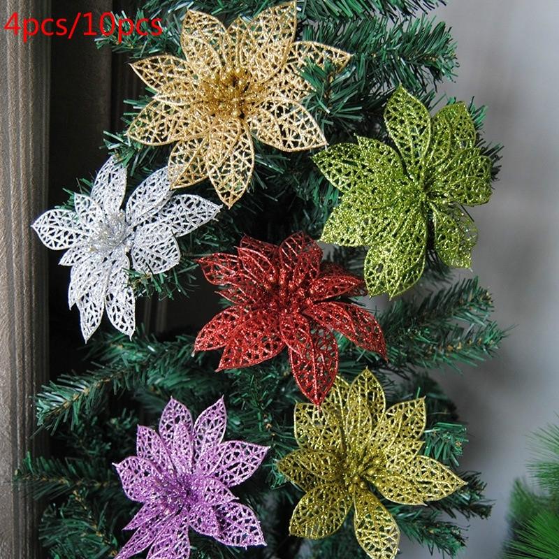 4Pcs/10pcs Hollow Xmas Flowers Artificial Christmas Hollow Flower For Christmas Tree Decorations Orna