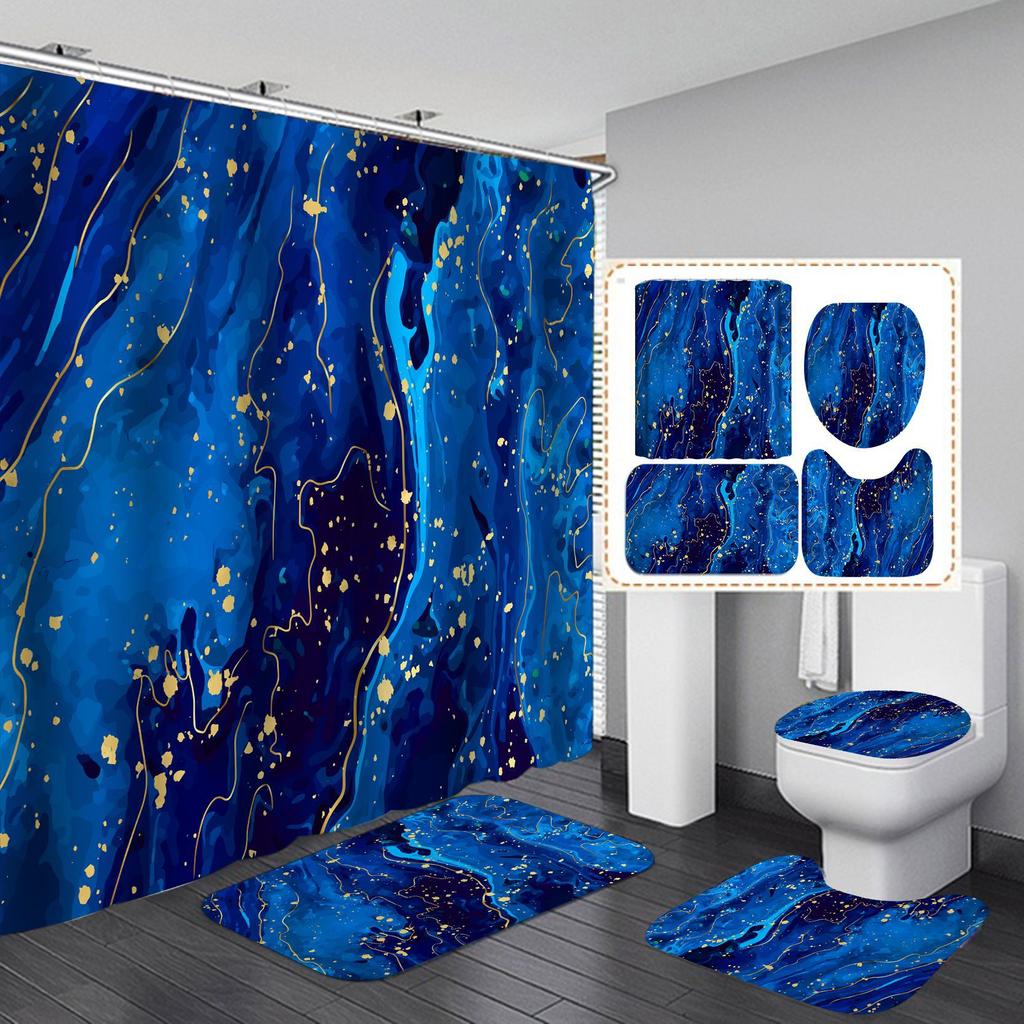 4Pcs Luxury Marble Shower Curtain Sets Bathroom Decor Sets with 12 Hooks Bath Mat Toilet Lid Rug and Non-Slip U Shape Mat