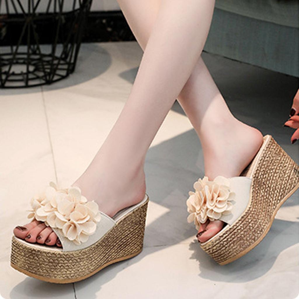 Женские тапочки Пляжная обувь Высокие каблуки Клинья Однотонные Босоножки с цветами