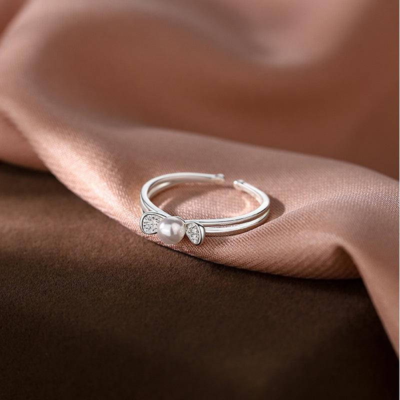 Pearl Bow Ring Literary Girl Simple Gift Double-Layer Small Broken Diamond Zircon Gold-Plated Ring Opening