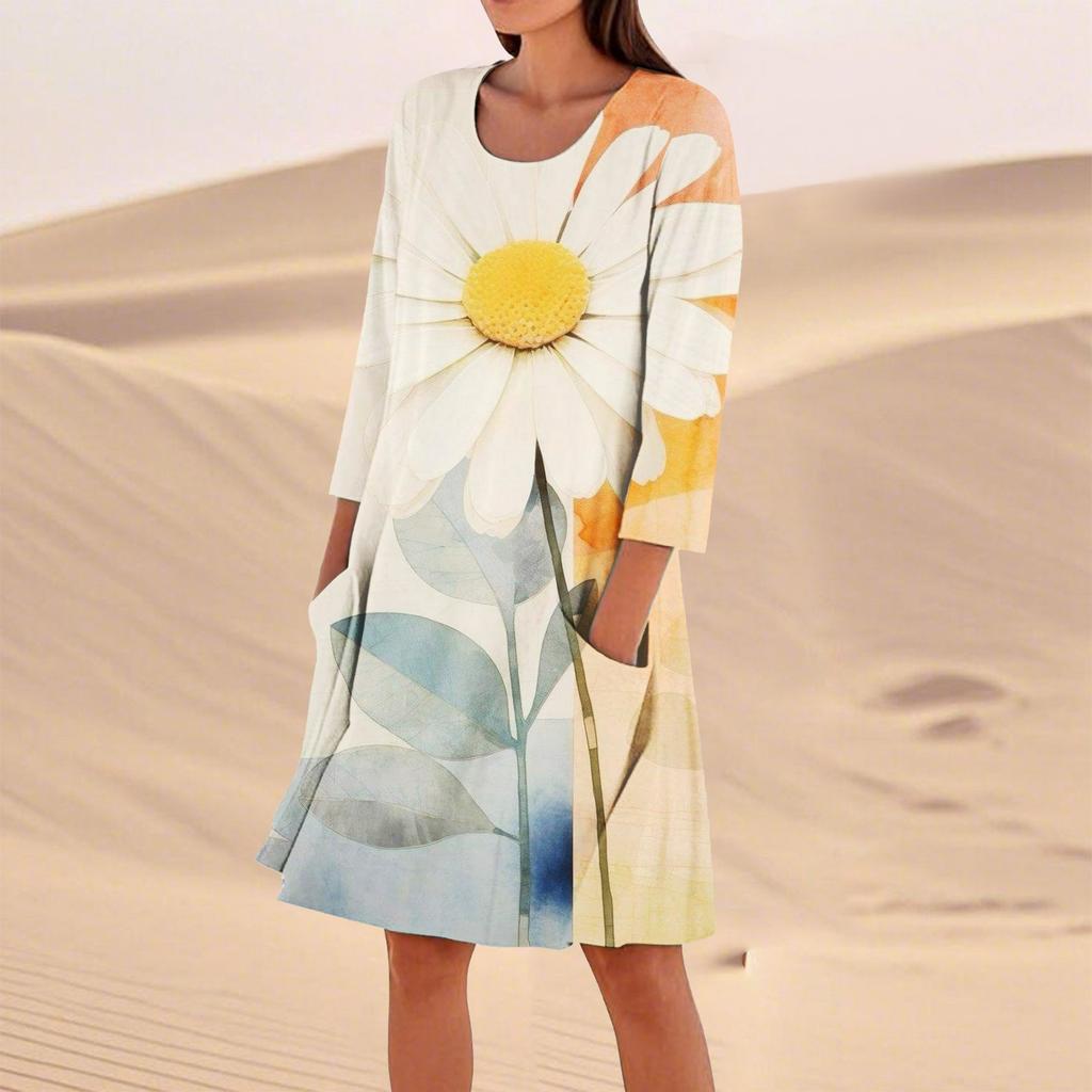 Женское однотонное модное свободное повседневное платье с рукавом три четверти Женское модное свободное повседневное платье с принтом в горошек и рукавом три четверти