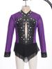 Girls Sparkle Rhinestones Leotard Color Block Sheer Mesh Patchwork Skirted Bodysuit Dance Performance Wear