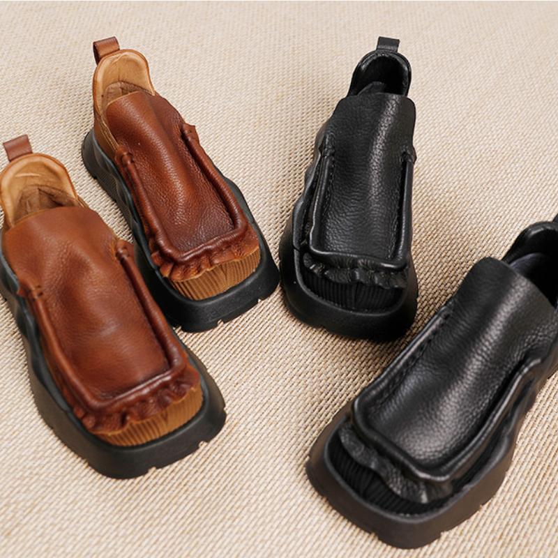 Винтажные туфли на плоской платформе, женские однотонные туфли ручной работы с круглым носком, удобные туфли без шнуровки на толстой подошве