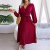 Elegant V Neck Pleated Long Dress for Women Summer Solid Color Large Hem Spring Fashion Dress
