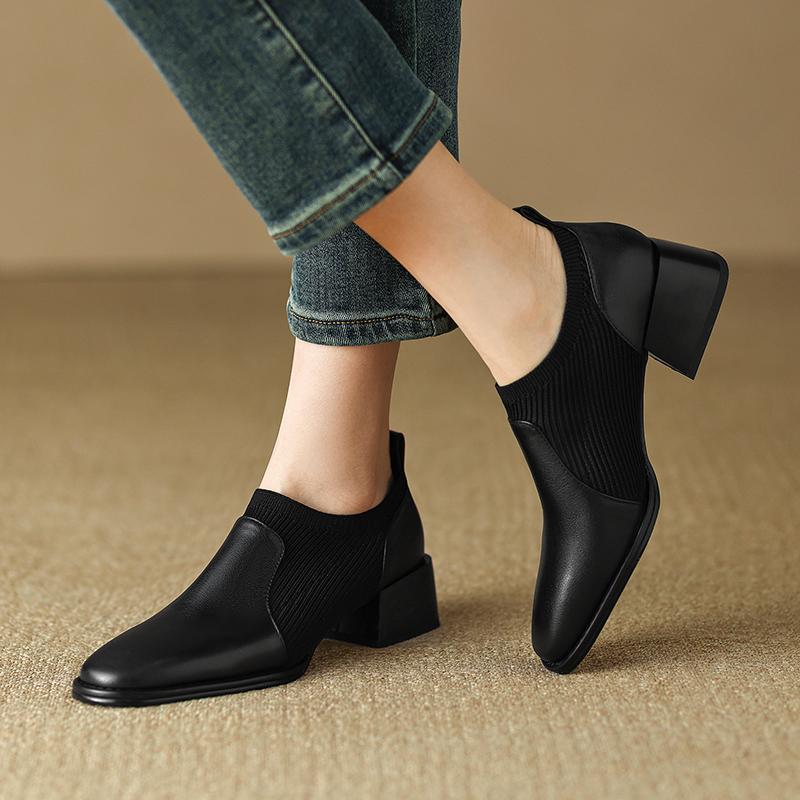 2024 New Genuine Leather Top Quality Sheepskin Shoes Woman Spring Slip On Dress Black Round Toe Ladies Loafers High Heel Shoes