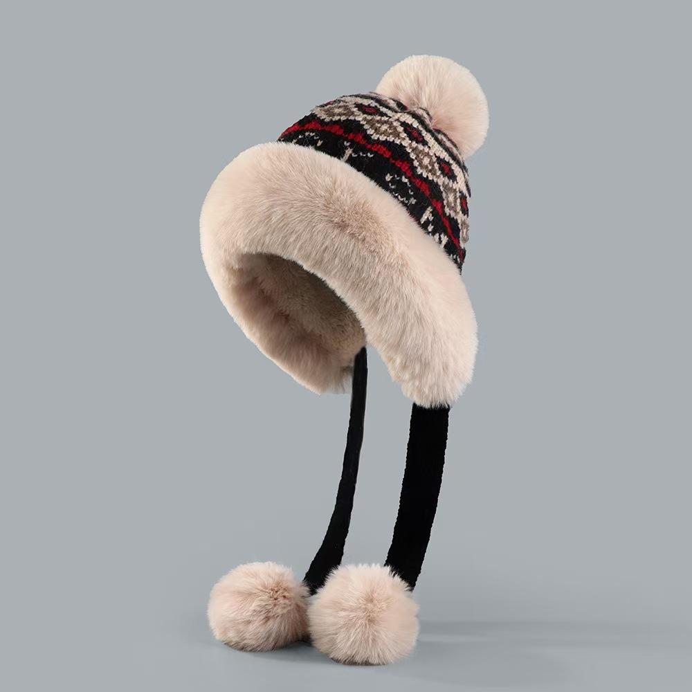 Плюшевая шапка в стиле ретро в этническом стиле для женщин, теплая зимняя защита ушей, вязаная сумка, утолщенная, чтобы показать лицо, маленькая шапка Lei Feng, защита от холода