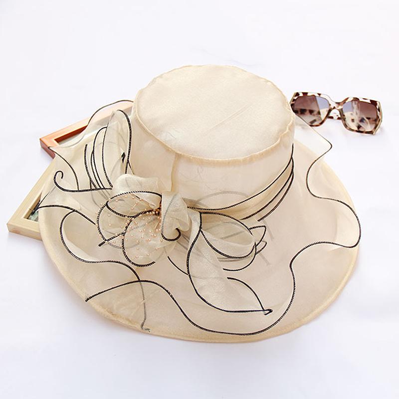 Vintage Organza Wide Brim Hat For Women Church Dress Bridal Wedding Hat Floral Mesh Sun Hat Party Beach Caps