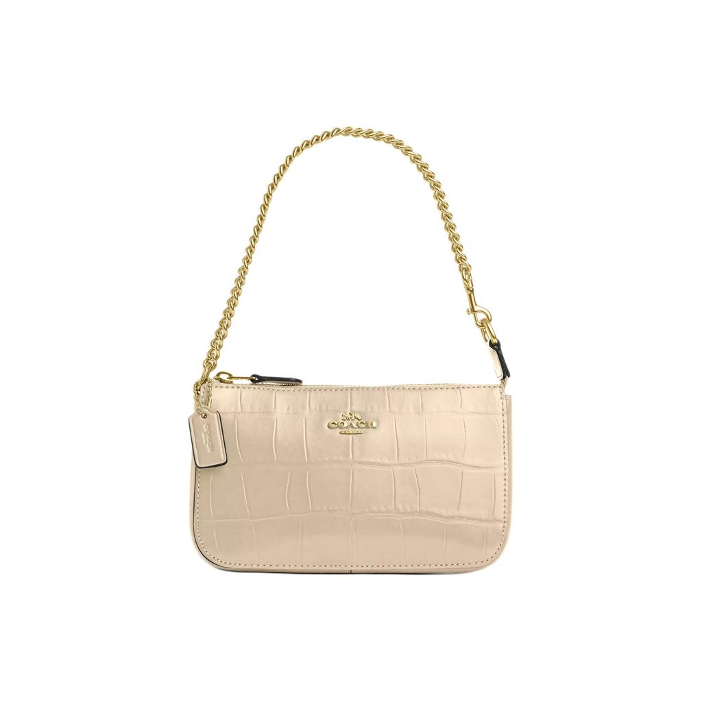 Coach Сумка-тоут Nolita 19 с логотипом, застежкой-молнией на цепочке, тиснением под крокодила, женская, цвет золотой, слоновая кость, CN382-IMIVO