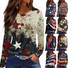 Women's Fashion Slit Hem Independence Day Printed Round Neck Long Sleeve Top