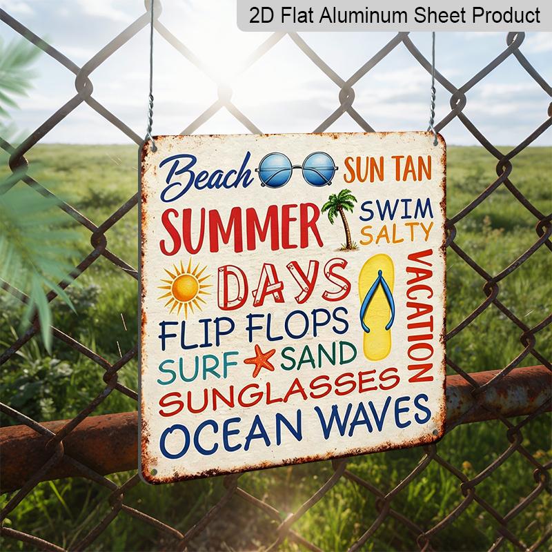 2D Flat - 1pc Vintage Aluminum Metal Sign, Outdoor Wall Decoration, Retro Tin Sign Style, Summer Beach Text Decor, "Summer Time", Home Wall Plaque