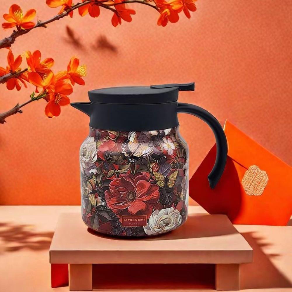 Chinese Style Retro Flower Insulated Kettle Hot Water Stainless Steel Vacuum Flask Vintage Floral Printing Water Cup for Outdoor