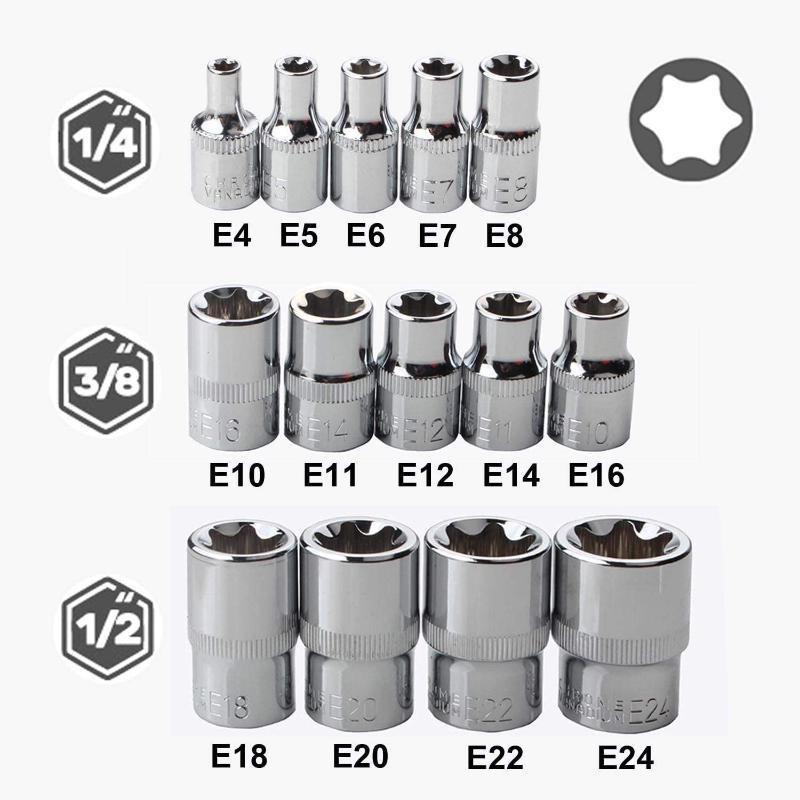 Flower Socket Female E Torx Socket Set with Case Drive E4-E24 External Torque Star Socket Kit, 14Pcs Spare Parts and Accessories