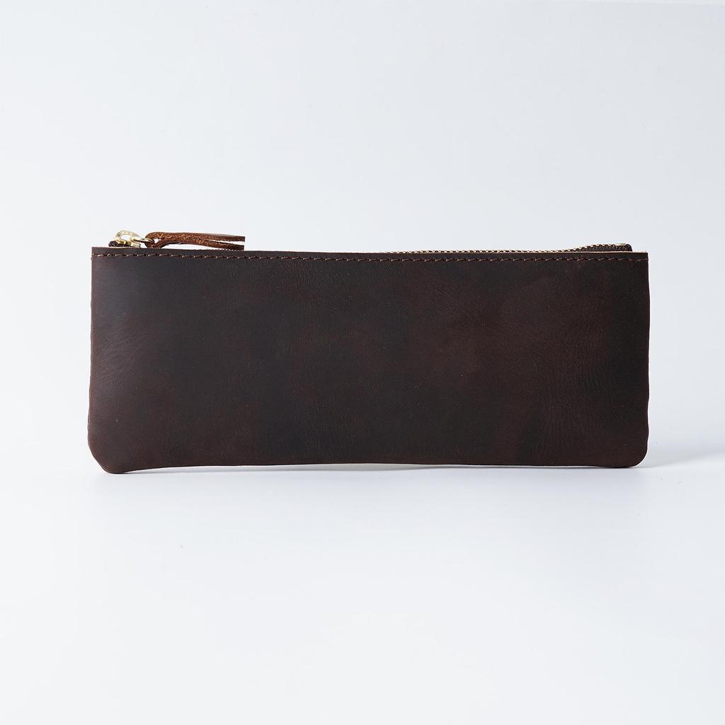 Unisex Genuine Leather Zipper Pencil Case - Handmade Retro Cowhide Stationery Box