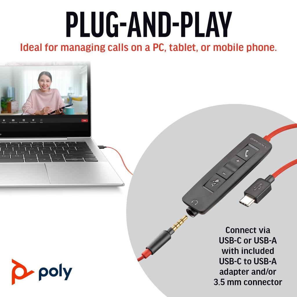 Проводная гарнитура Poly Blackwire 3225 с шумоподавлением для веб-конференций Plantronics Polycom 8G0X1AA (USB-C и 3,5 мм подключение, Шумоподавление, Микрофон,