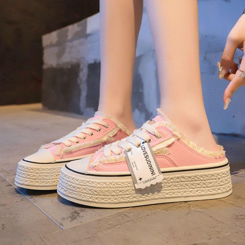 Обувь Холщовая Платформа Женские Мюли Тапочки и Женские Сандалии с Ремешком Розовые Слайды Высота Топ Дизайн Дизайнерский Люкс 39 Vip