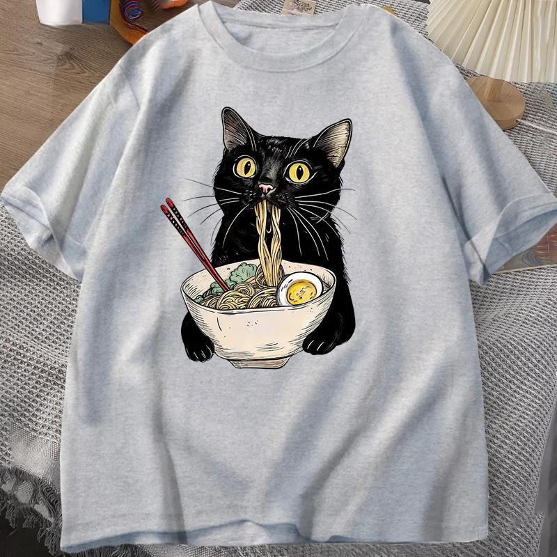 Футболка с изображением лапши Ramen Cat, футболки Foodie Lover, черные футболки с изображением лапши Cat, повседневная футболка с коротким рукавом в стиле ретро для мужчин и женщин, одежда