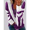 Colorblock Stripe Print Zip Front T-Shirt, Casual Long Sleeve Top For Spring & Fall, Women's Clothing