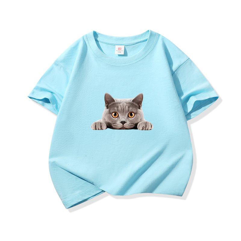 Kids Cotton T Shirt Peeking British Blue Cat Pattern Print Crew Neck Short Sleeve Tee Casual Breathable Boys Girls Summer Tops