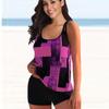 Women's Shoulder Strap Swimsuit with Black and White Square Patchwork Printed Bikini Short Tank Top Swimsuit