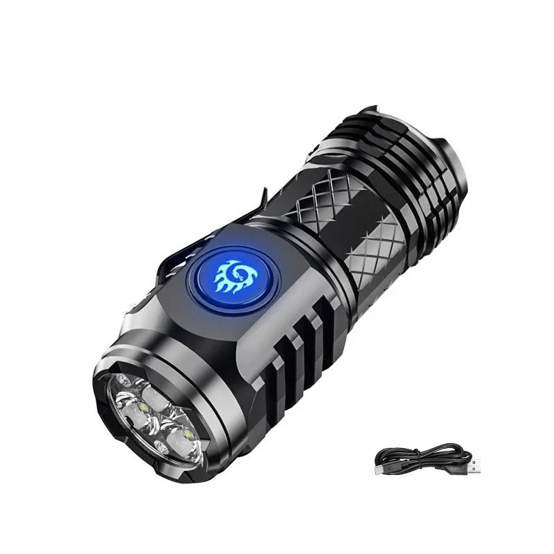 Powerful Mini Handheld Flashlight USB Rechargeable Pocket Torch for Outdoor with 5 Modes Camping Hook Lantern Tent Light