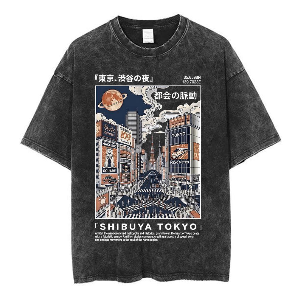 Vintage Japanese Osaka Dotonbori Crab Cityscape Graphic T Shirts Mens Washed Fashion Oversized Cotton Tshirt Unisex Streetwear