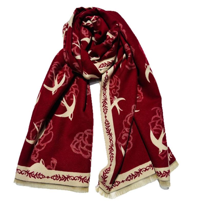 New Xiangyun Swallow Jacquard Warm Shawl for Women Autumn and Winter Thickened Warm Double Sided Different Color Scarf