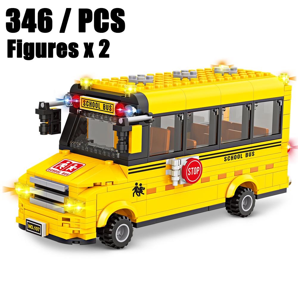 Hot City Car Yellow Passenger School Bus Station Public Vehicle Sets Figures Bricks Model Building Blocks Diy Toys For Boys Gift