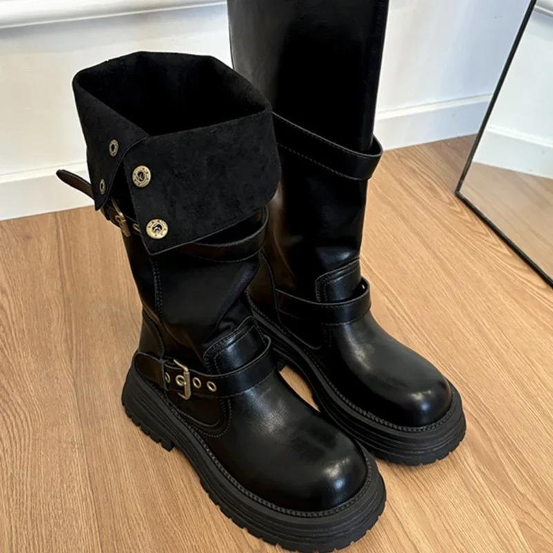 Зимние ботфорты на платформе для женщин, модные ботильоны с ремешком и пряжкой, винтажные ботильоны на низком квадратном каблуке, женская обувь