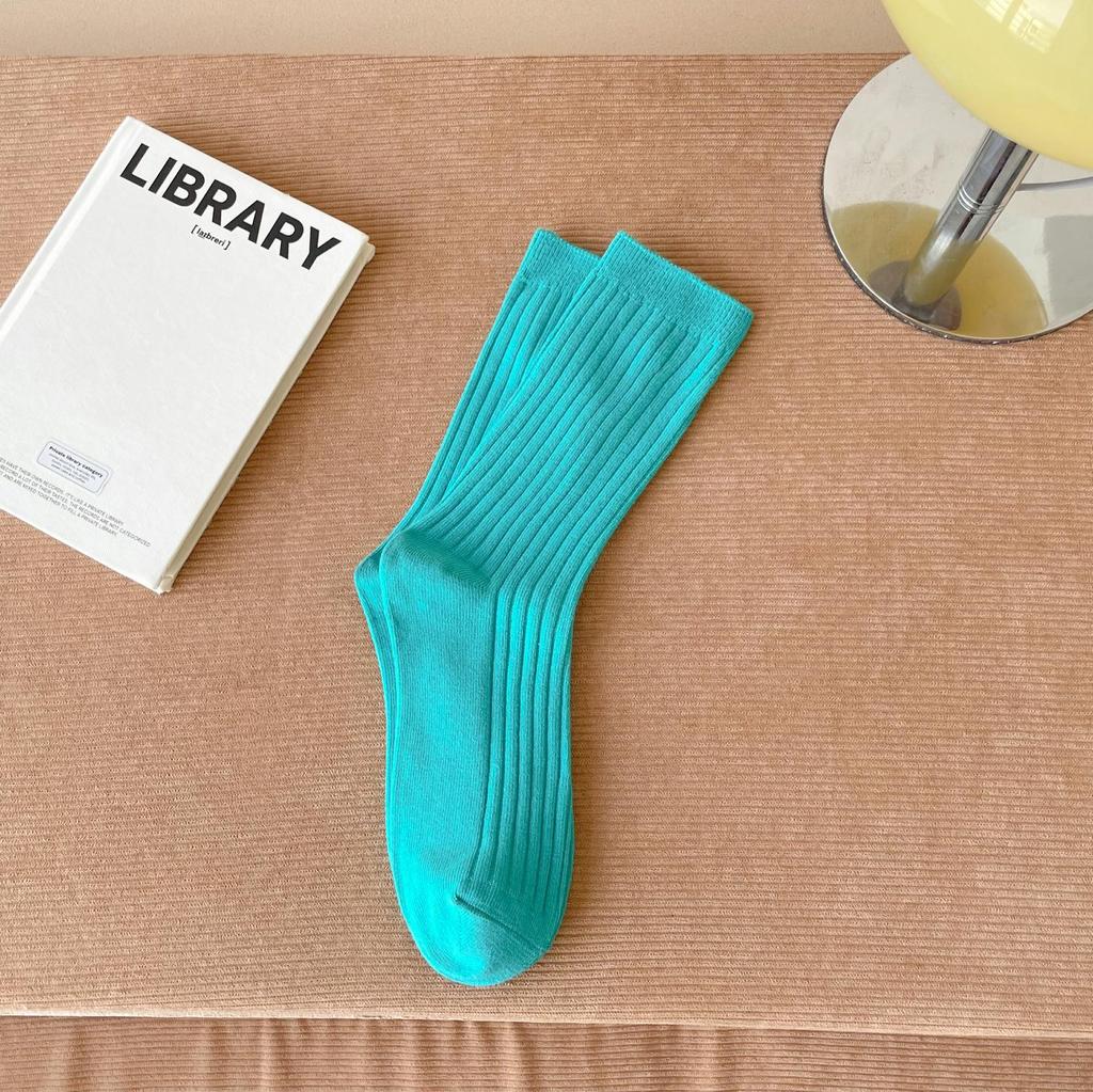 Women's Pure Cotton Mid-Calf Socks, Korean Style Trendy Solid Color, Double-Needle, Autumn/Winter Vertical Stripe, Knee-High Slouch Socks