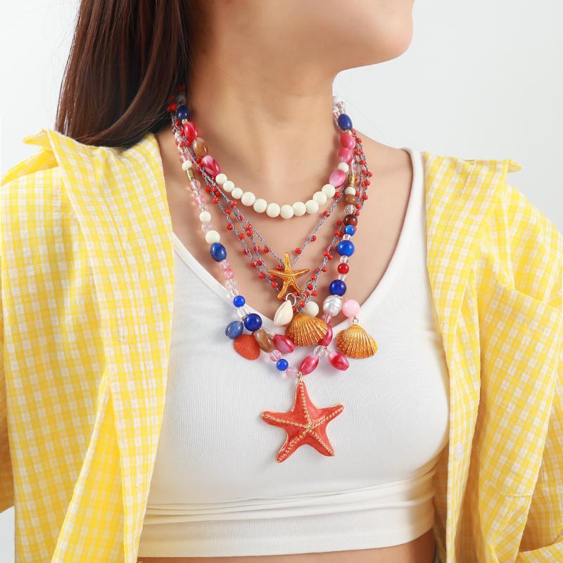 Многослойное плетеное вручную ожерелье из бисера и ракушек морской звезды для женщин, летний стиль для отпуска на океане, праздничная бижутерия, шейные аксессуары