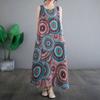 Летнее винтажное хлопковое льняное платье с принтом, свободный круглый вырез, без рукавов, жилет средней длины для женщин, повседневные платья