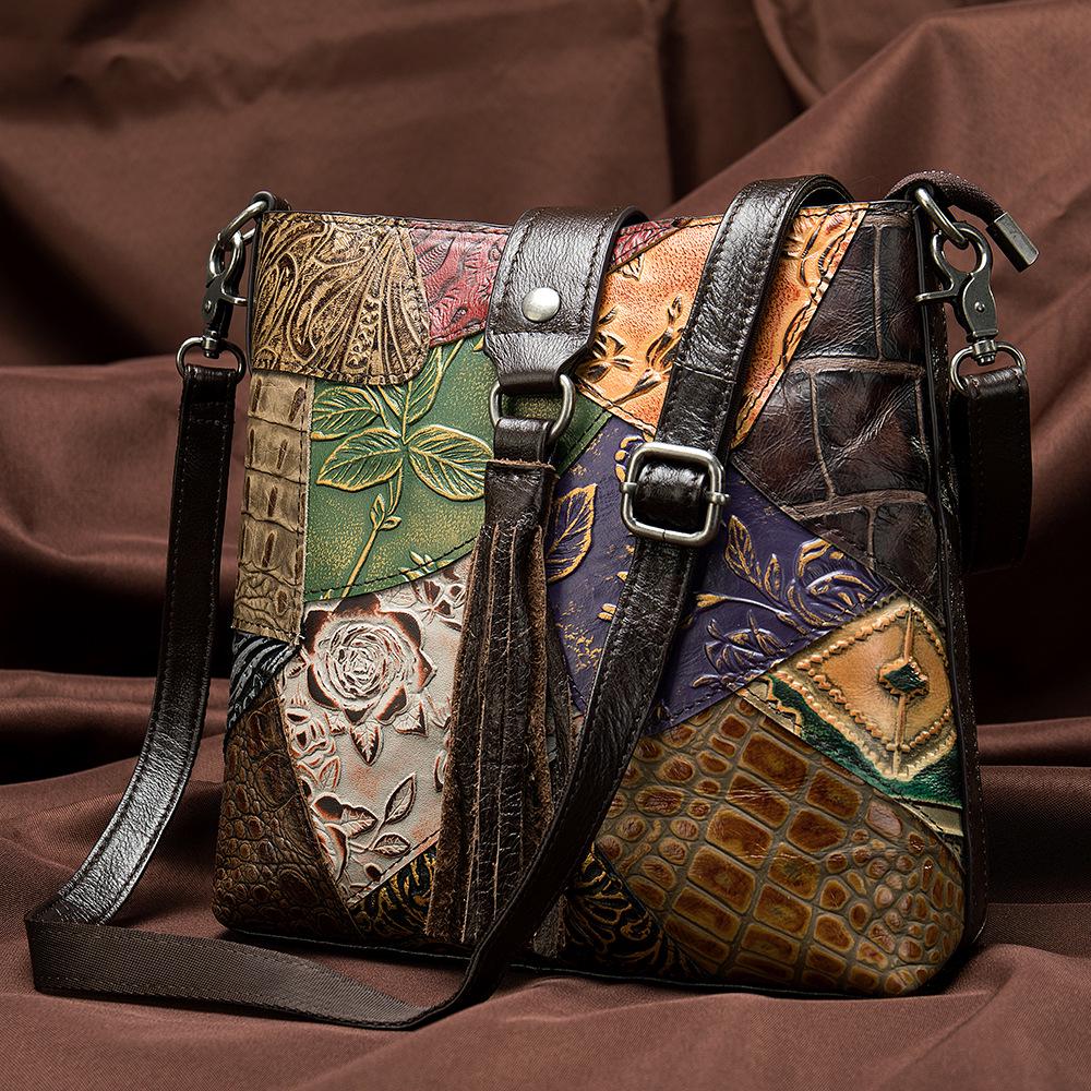 Классическая сумка через плечо из натуральной кожи в стиле ретро-кантри, женская сумка через плечо из тисненой коровьей кожи с кисточками