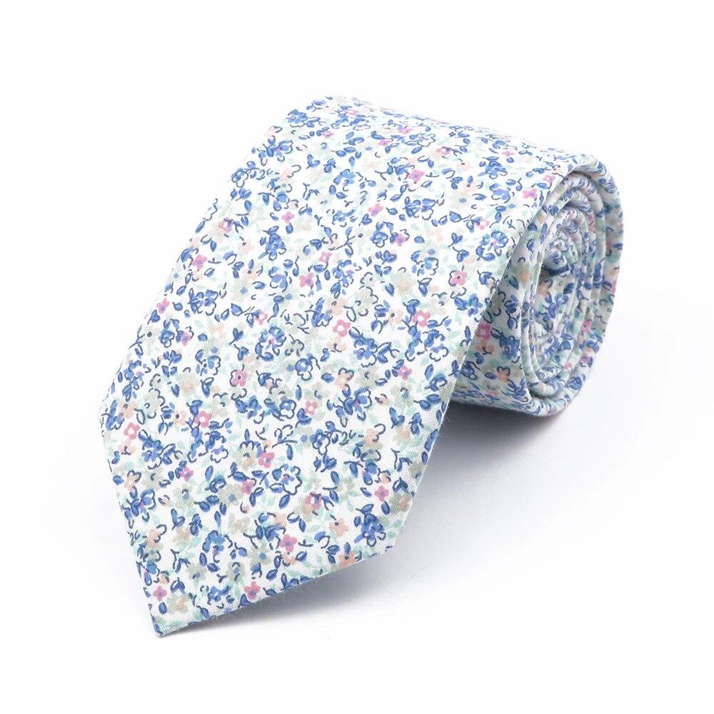 Floral Tie, For Men Women, 100% Cotton, Elegant Flower Necktie, White, Blue, Narrow Skinny, Wedding, Party