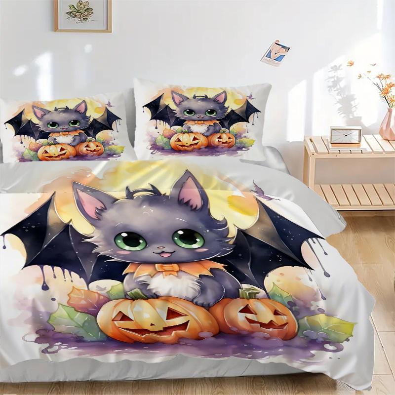 3pcs Lovely Halloween Bat Bedding Set - 1 Soft Quilt Cover + 2 Pillowcases, Machine Washable - Suitable for All Seasons, Perfect Gift for Family