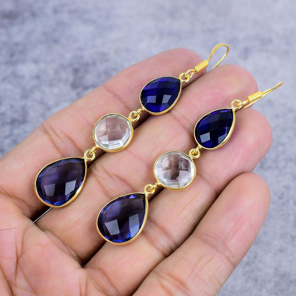 White Topaz, Amethyst Gemstone 925 Sterling Silver Jewelry Earring 2.99" M-2641